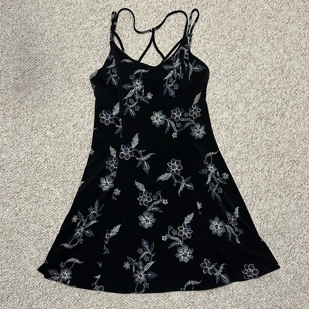 Black dress with blue flowers